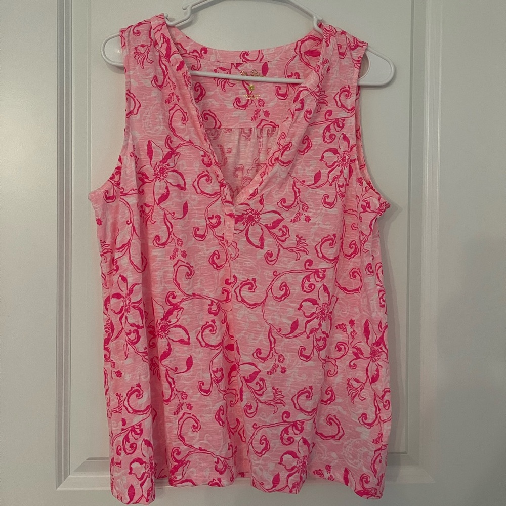 🌴 Lilly Pulitzer Dev Top Pink White Summer 2024 Cape Cod Preppy Shirt Large 🌴